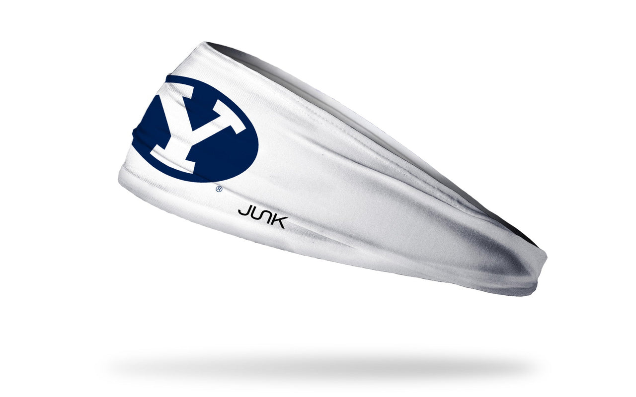 white headband with Brigham Young University Y logo in navy