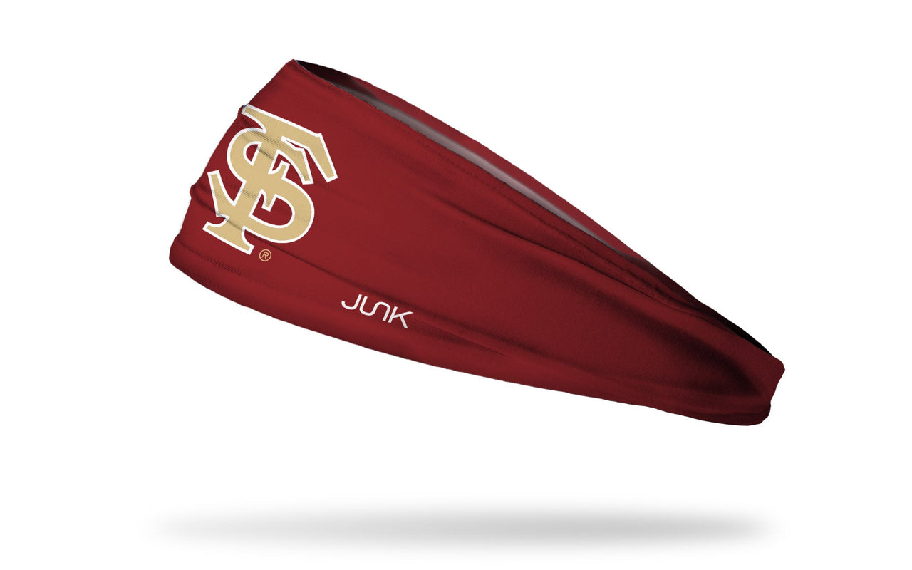 garnet headband with Florida State University FS baseball logo in gold with white outline