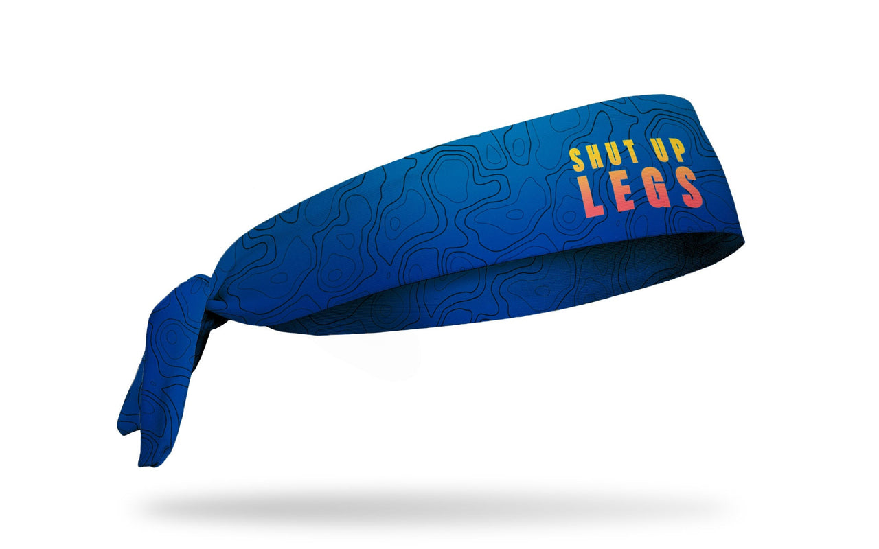 blue to navy fade headband with cartography outlines in navy and Shut Up Legs wordmark in yellow red