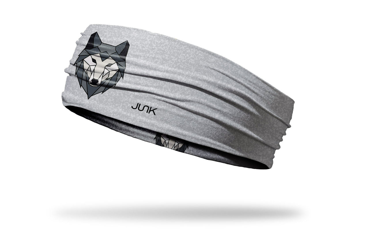 light grey smudge print headband with geometric wolf in center