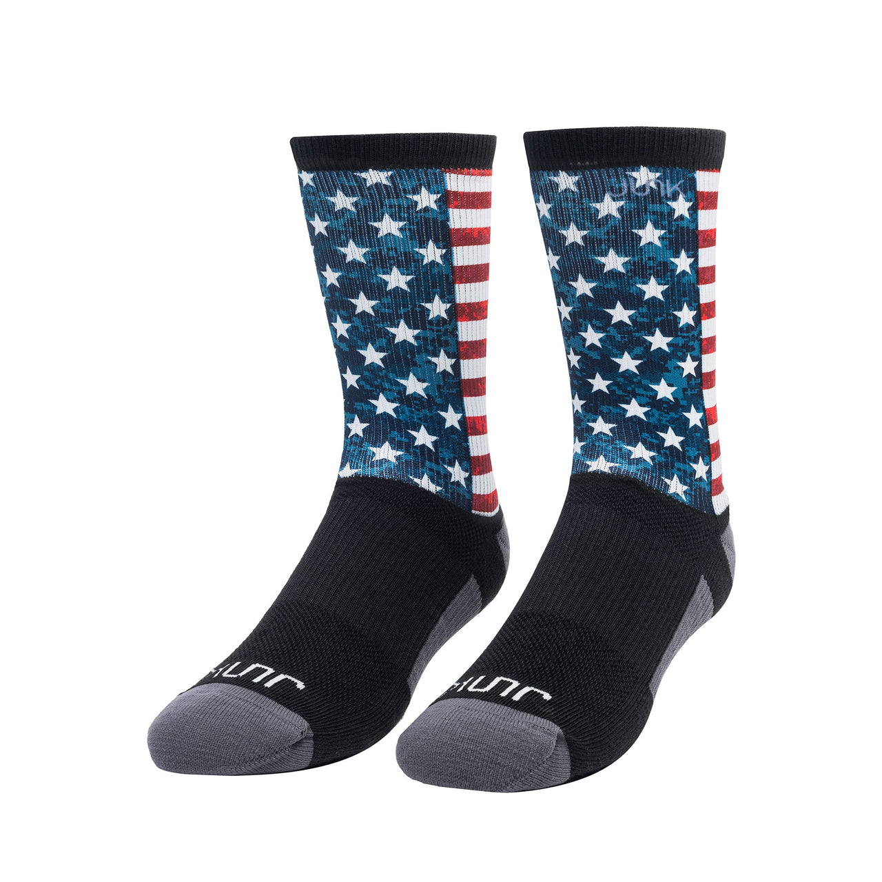 front standing view of american flag red white and blue printed JUNK athletic socks